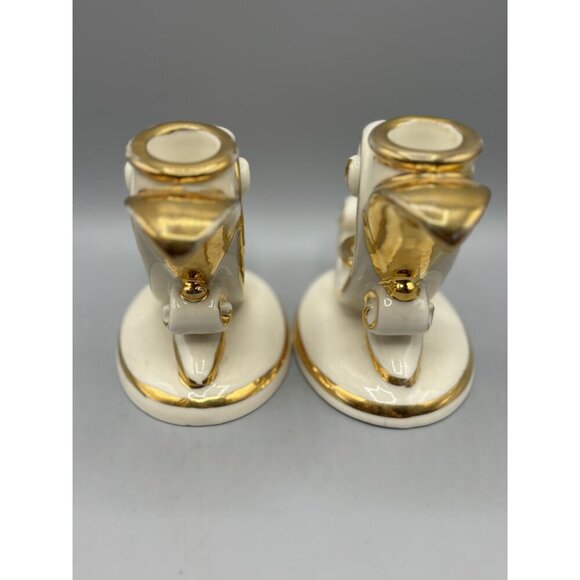 Vintage Abingdon USA Ivory Gold Ceramic Double Candle Holders Set Of 2 - Picture 5 of 6